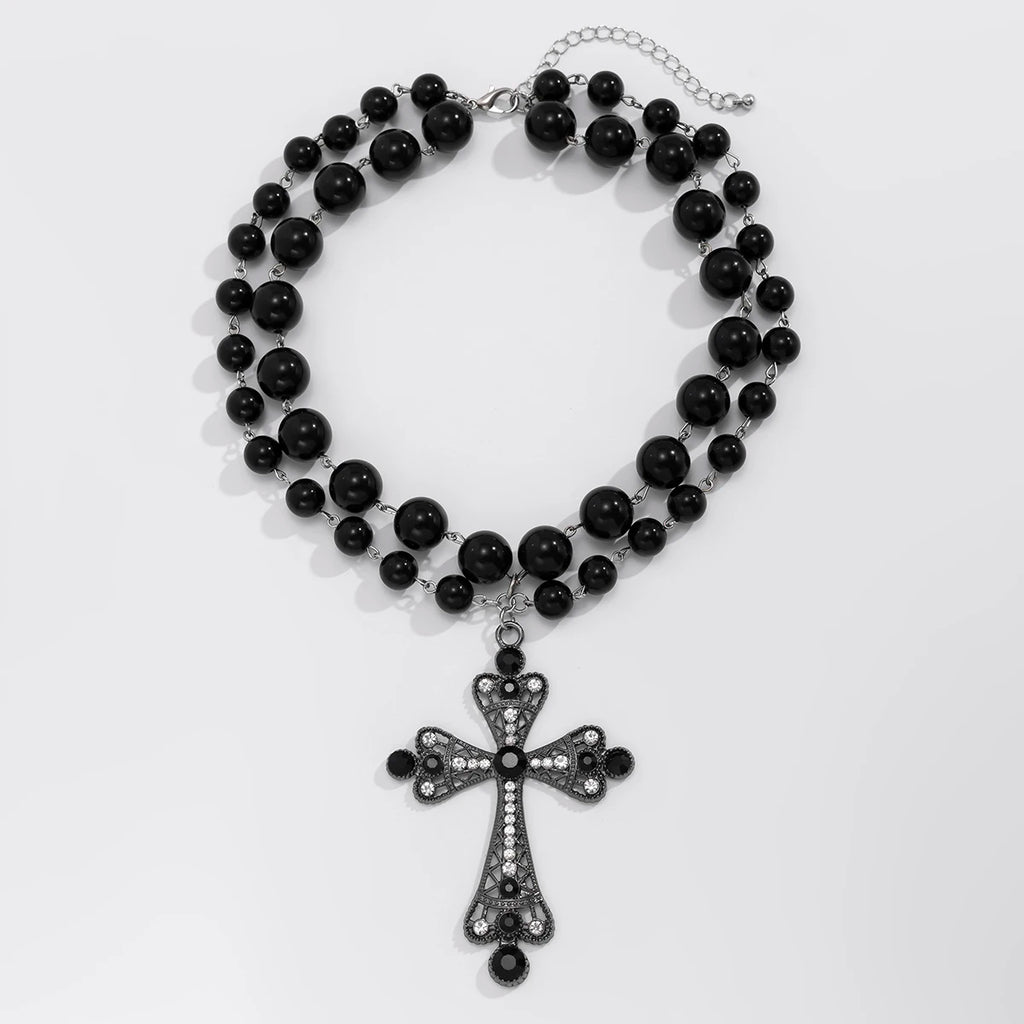 IngeSight.Z Trendy Goth Large Cross Pendant Necklace Elegant Charming Imitation Pearl Woman Choker Y2K Neck Jewelry Accessories