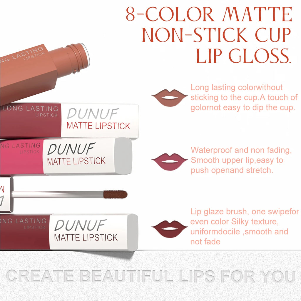DUNUF 8 pcs matte color lasting lip gloss set three-dimensional plastic lips waterproof anti-sweat non-stick cup lipstick set