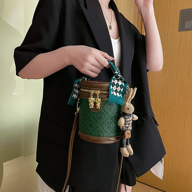 cute bear design crossbody bags for women,mellifluous women's handbag,knurling cylindrical shoulder purse,Girl handbag purse