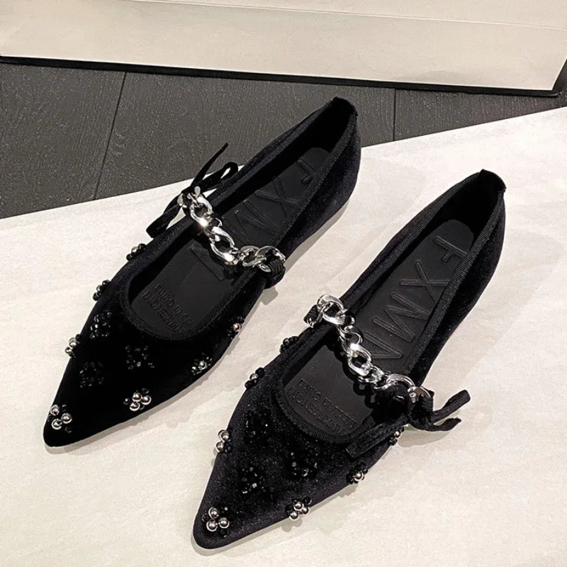 Metal Chain Design Pointed Toe Ballet Shoes Women Luxury Rhinestone Decoration Flats Mary Jane Shoes Fashion Banquet Dress Shoes