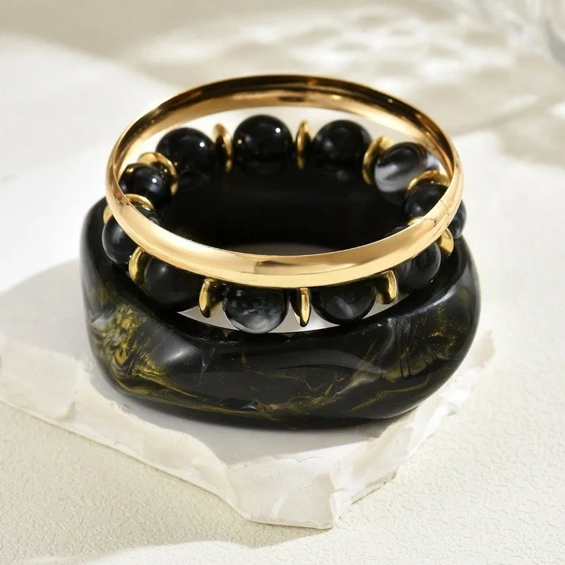DIEZI One Set Exaggerated Resin Wide Bangles Bracelet Sets Vintage Fashion Beads Strand Bracelet For Women Men Gift Jewelry