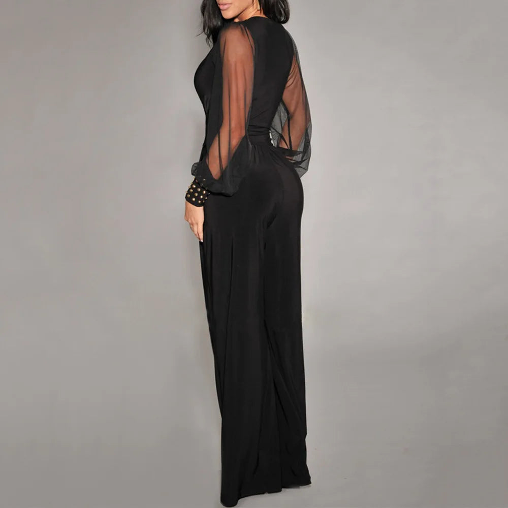 Fashion Deep V-neck Long-sleeved Waist Jumpsuit For Women Elegant Solid Color Lace Lantern Sleeves Loose Casual Jumpsuit Female