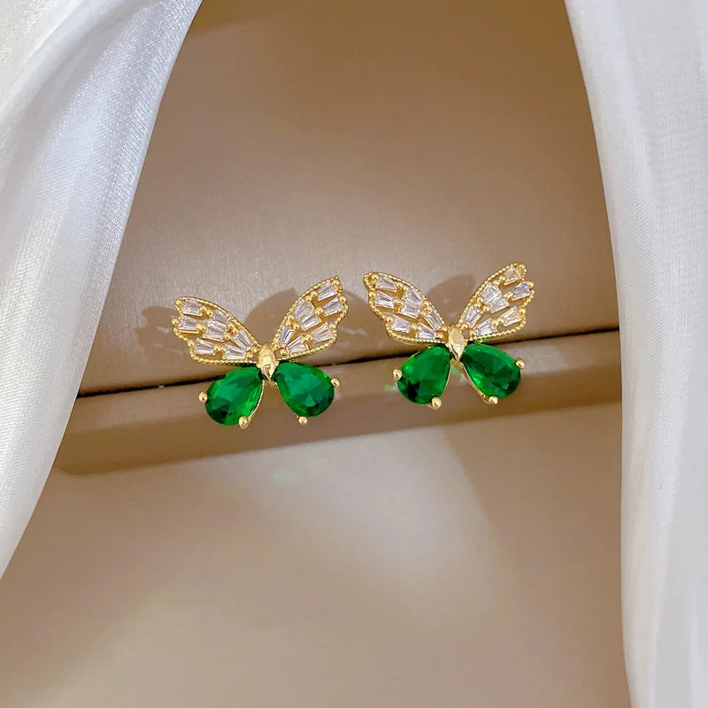 DIEYURO 316L Stainless Steel Steell Green Crystal Hollow Out Butterfly Necklace Earring Set For Women New Fashion Jewelry Gift