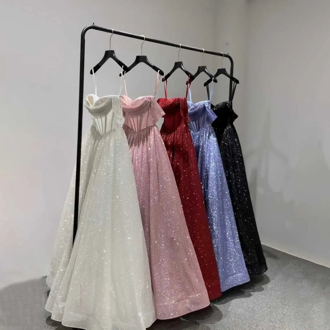 Glitter Off the Shoulder Tulle Evening Dresses Boat-neck A-line Ruched Plain Prom Dress Luxurious Long Formal Party Ball Gowns