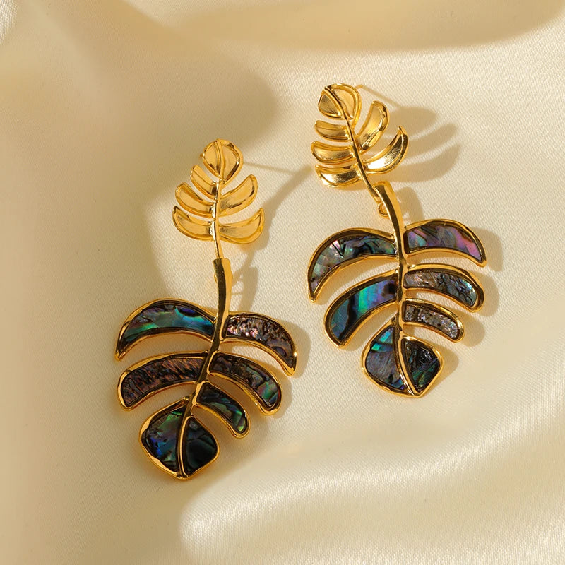 EILIECK 316L Stainless Steel Palm Leaves Drop Dangle Earrings Stylish Trendy Waterproof 18K PVD Plated Metal Jewelry for Women
