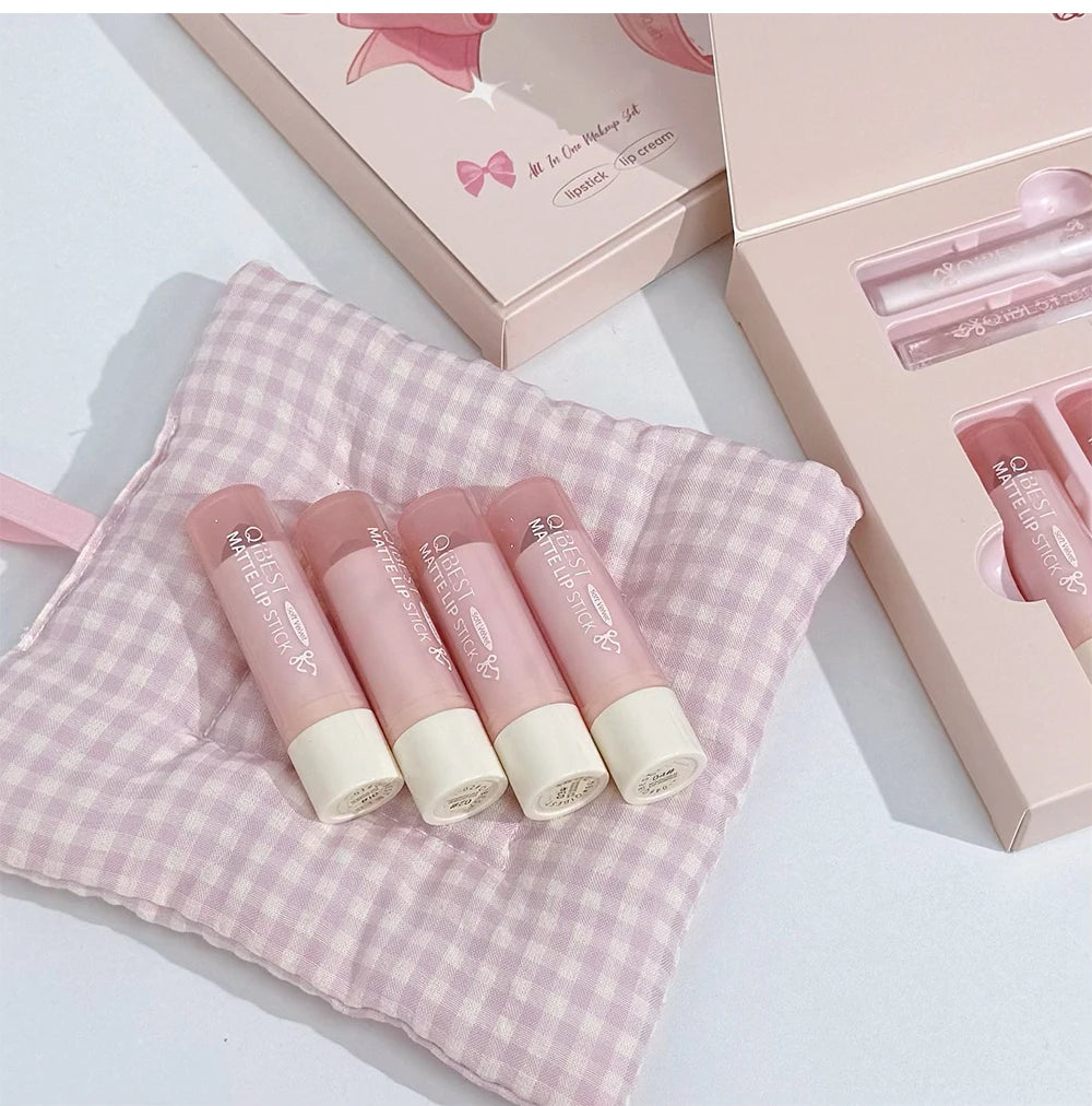 7Pcs/Box Makeup Sets 4PCS Velvet Nude Liquid Lipstick,1 Lip Cream,1 Lip Oil,1 Face Blush Palette And Necklace Gift Cosmetic Kits