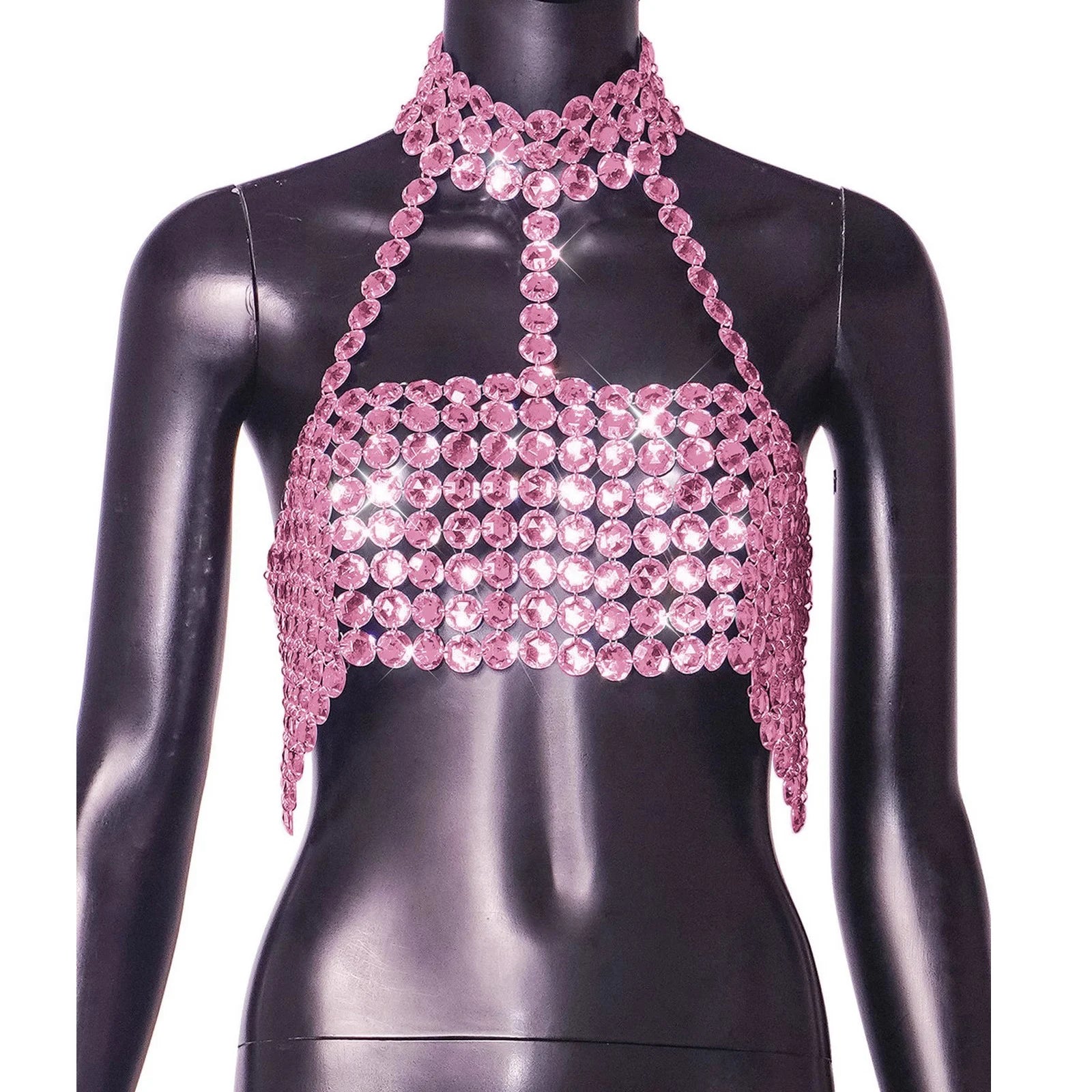 Beyprern Silver Halter Tank Top Glitter Diamonds Bustier Tops Gorgeous Backless Metal Sequin Crop Top Club Vest Festival Outfits