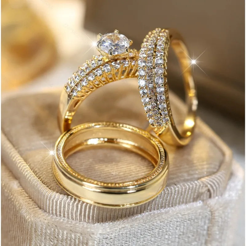 Luxury Crystal Female Zircon Round Stone Rings Set Vintage Gold Color Bridal Engagement Wedding Jewelry for Women