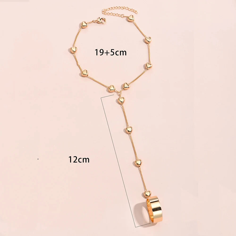 Simple Heart Pendant Chain Bracelet Link Connected Gold plated Wide Finger Ring Bracelets for Women Link Hand Harness Jewelry