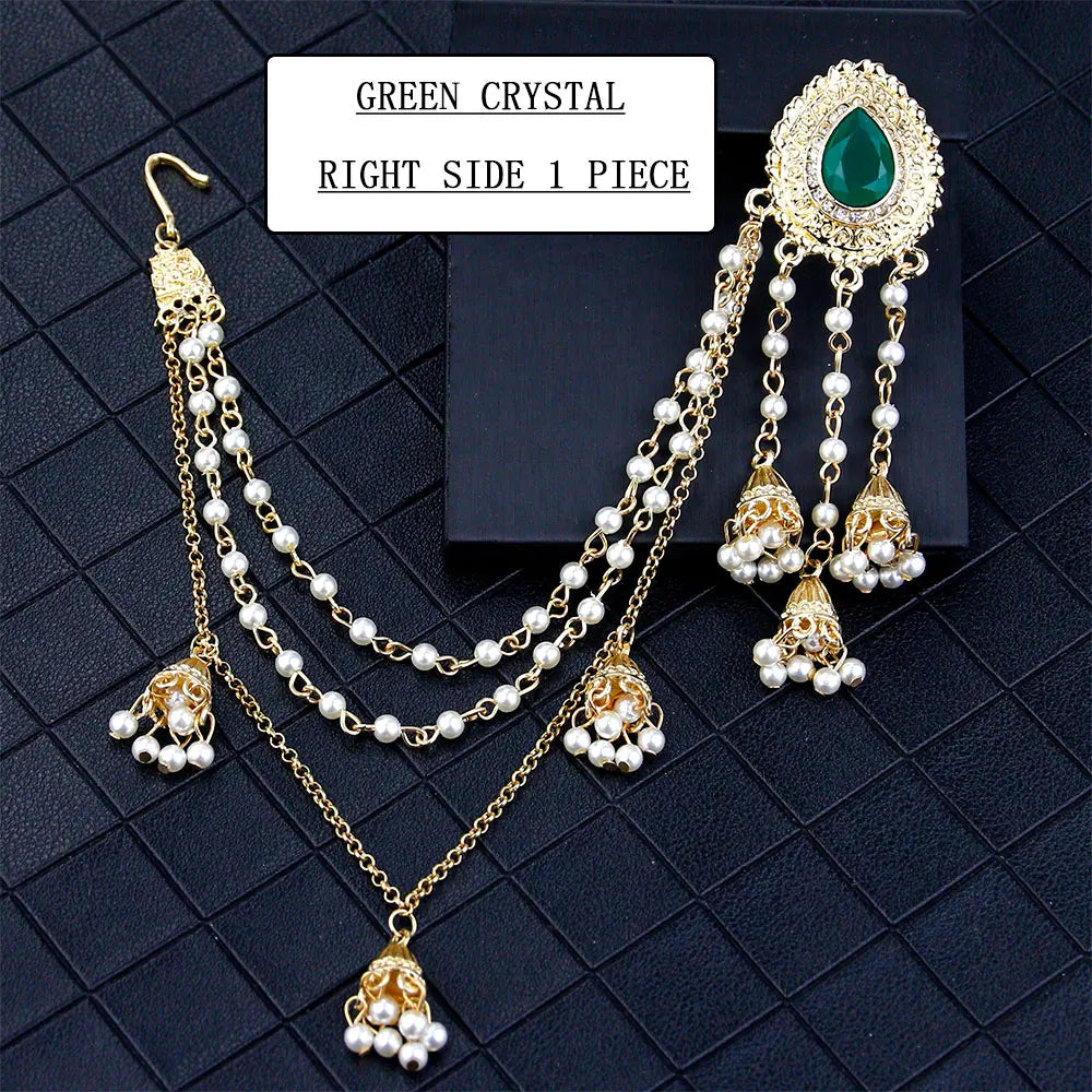 Sunspicems Fashion Indian Earring Link Headdress Jewelry Handmade Bead Chain With Metal Pendant Gold Color Bridal Bijoux Gift