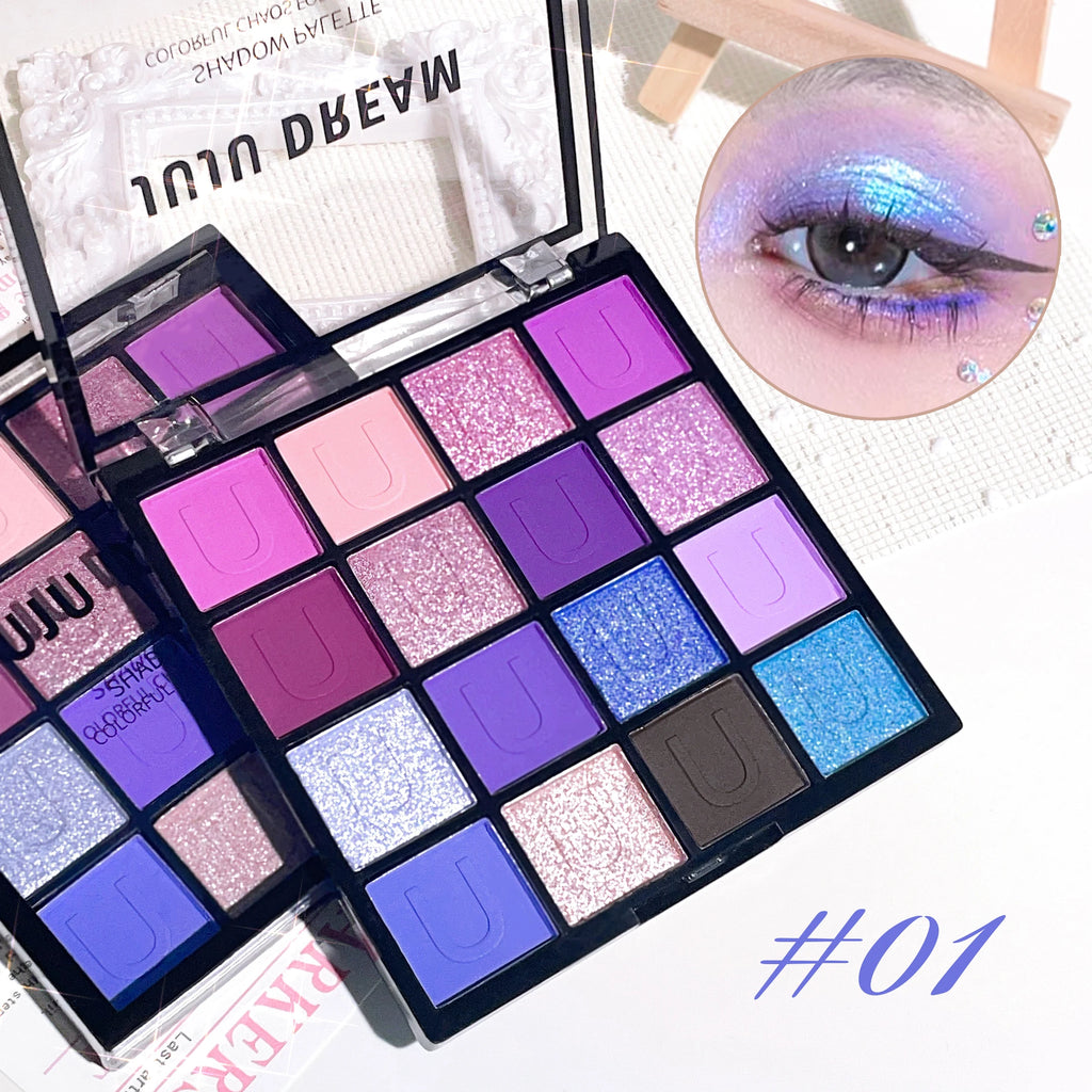 16 grid red eyeshadow tray Purple, glitter pearl matte eyeshadow, Shimmer makeup lasting women, Korean eye cosmetics