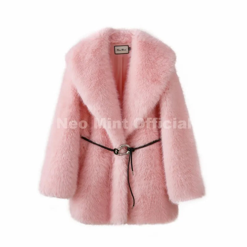Neo Mint 2025 Winter Hot Brown Belted Faux Fur Coat Women Thick Warm Long Fox Fur Jacket Chic Brand Fashion Girls Furry Overcoat