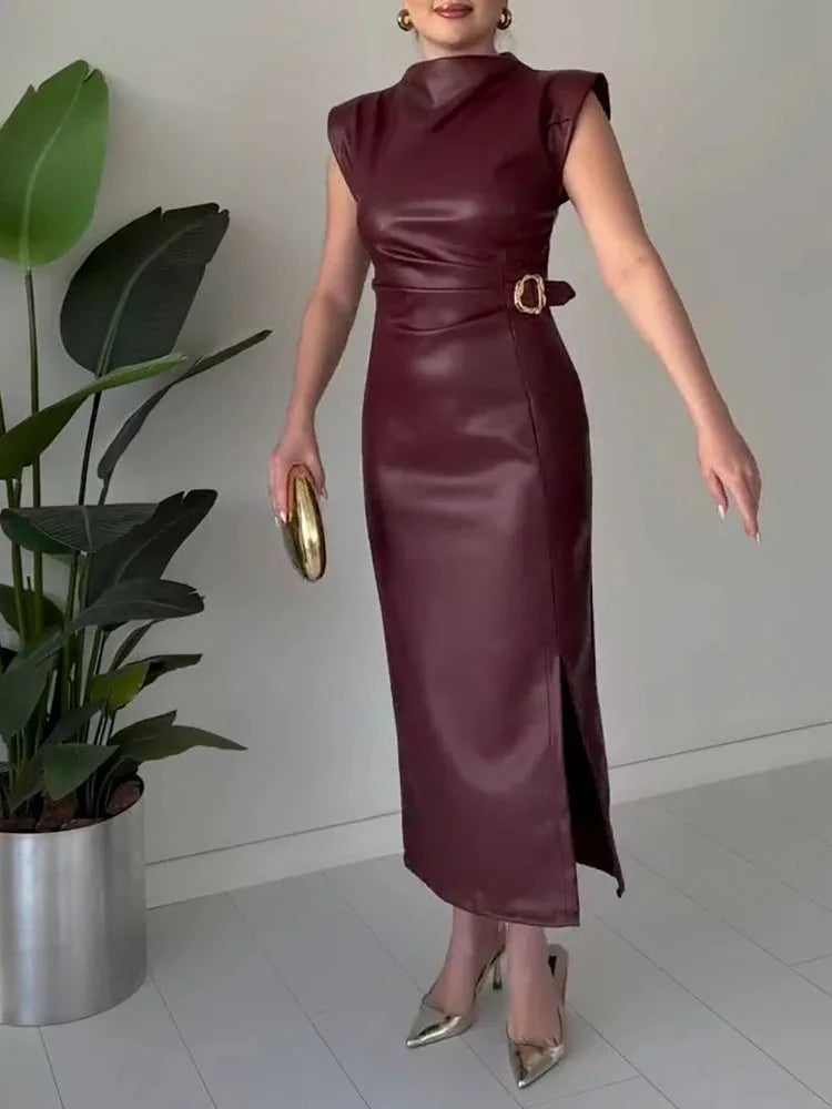 Autumn High Waist Slim Fit Solid A-line Dress Vintage Office Straight Long Dress Fashion Women's O-neck Sleeveless Leather Dress