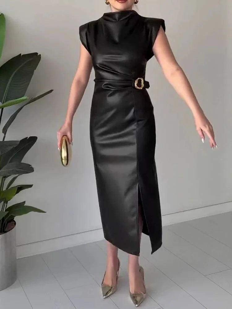 Autumn High Waist Slim Fit Solid A-line Dress Vintage Office Straight Long Dress Fashion Women's O-neck Sleeveless Leather Dress