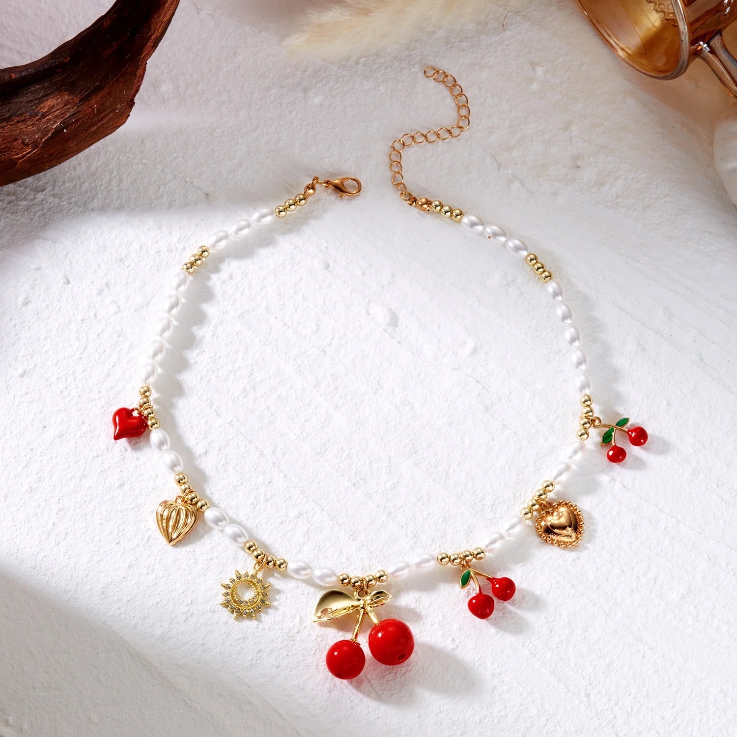 Dainty Sweet Fruit Cherry Heart Charms Pendant Necklace For Women Elegant Imitation Pearl Choker Neck Chain Jewelry Party Gift