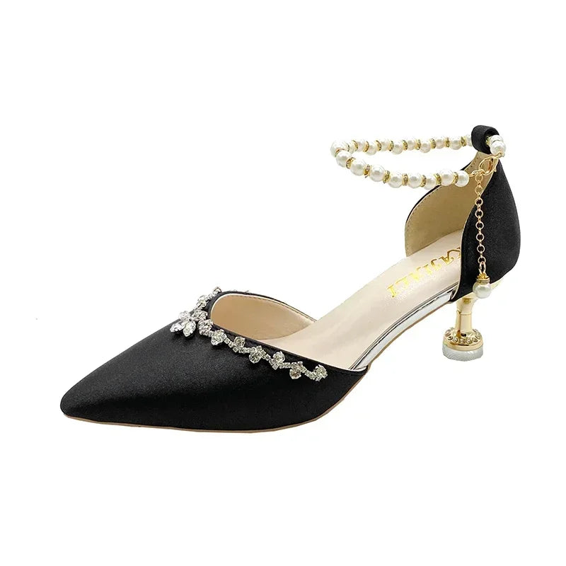 Pointed Toe Baotou Sandals Women's 2025 New Stiletto Hollow Single Shoes Versatile Pearl Strap Women's Shoes