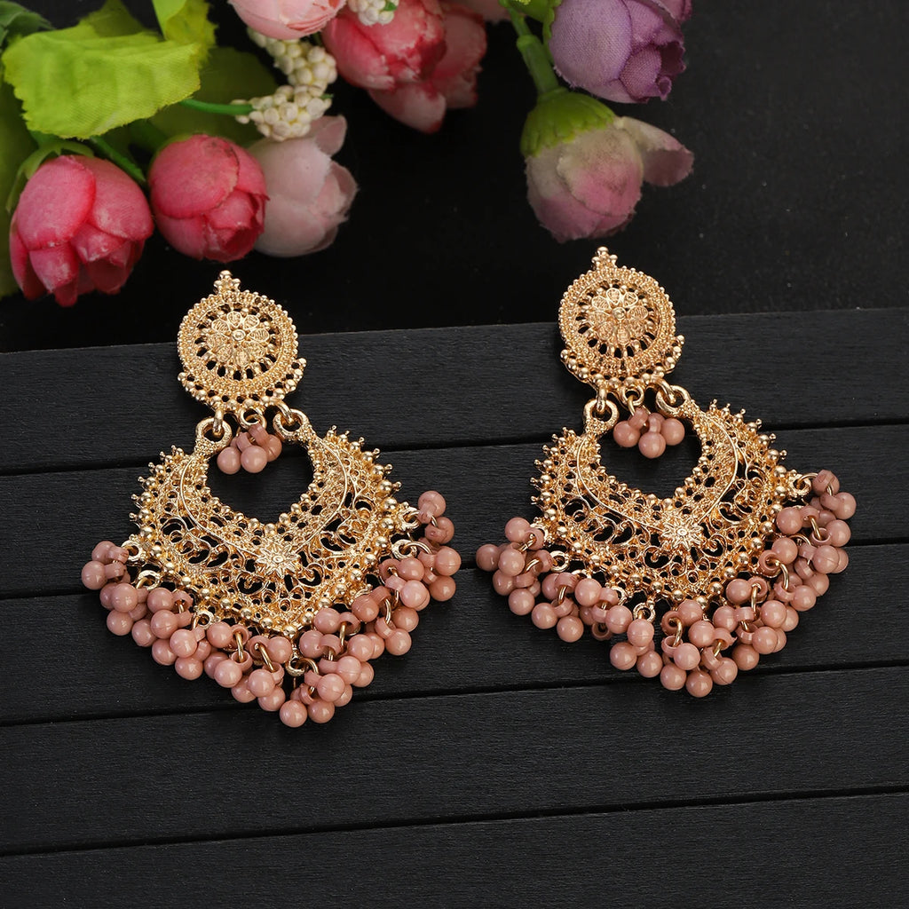 Boho Gold Color Heart Shape Carved Flower Dangle Earrings for Women Indian Jhumka Earrings