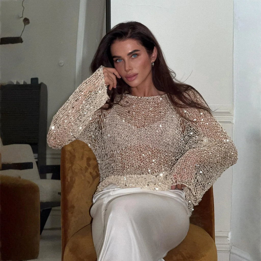 Sequined Knitting O-neck Pullover Women Elegant Hollow Out Design Long Sleeve 2025 Spring Evening Party Tops for Ladies