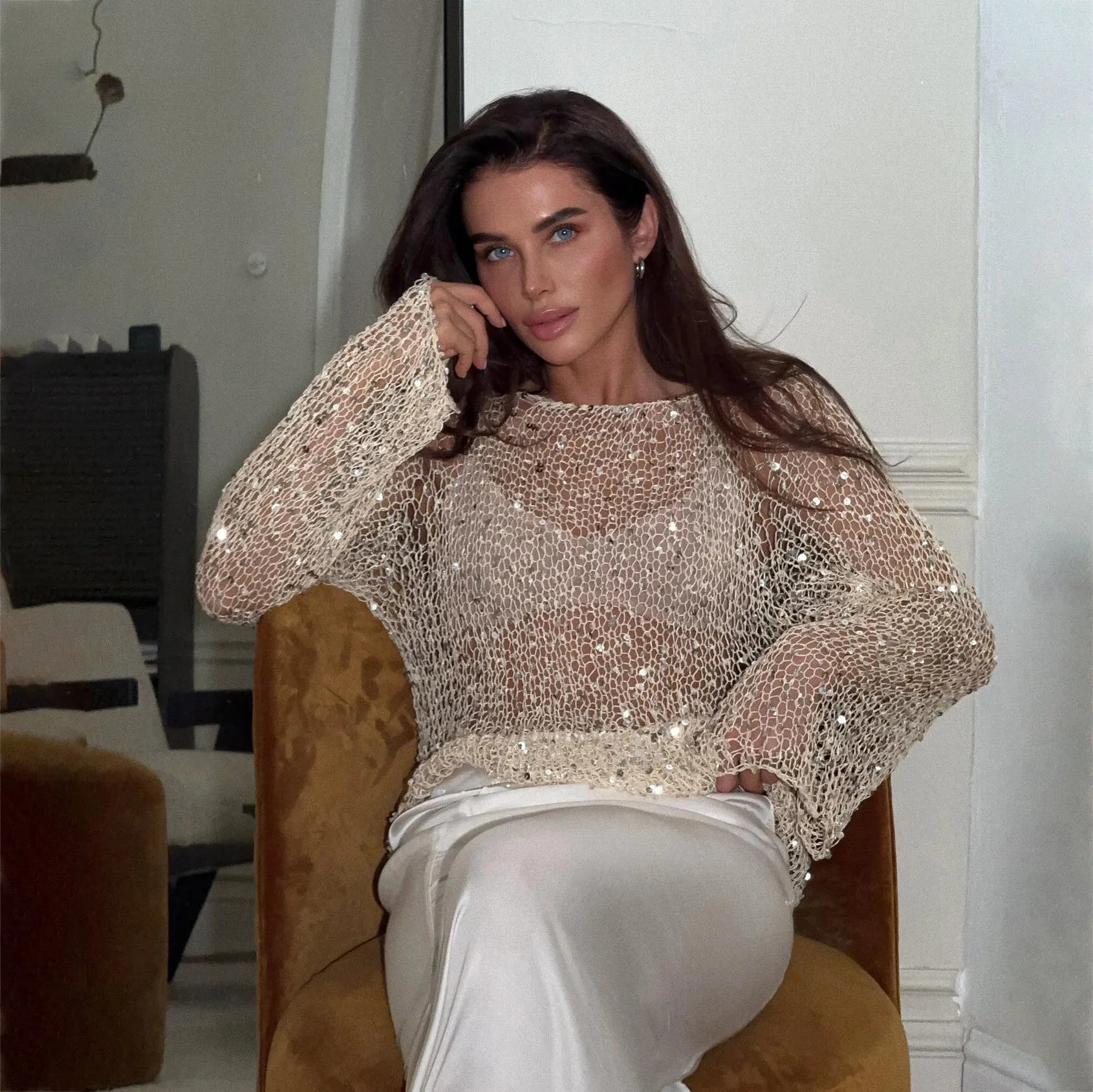 Sequined Knitting O-neck Pullover Women Elegant Hollow Out Design Long Sleeve 2025 Spring Evening Party Tops for Ladies