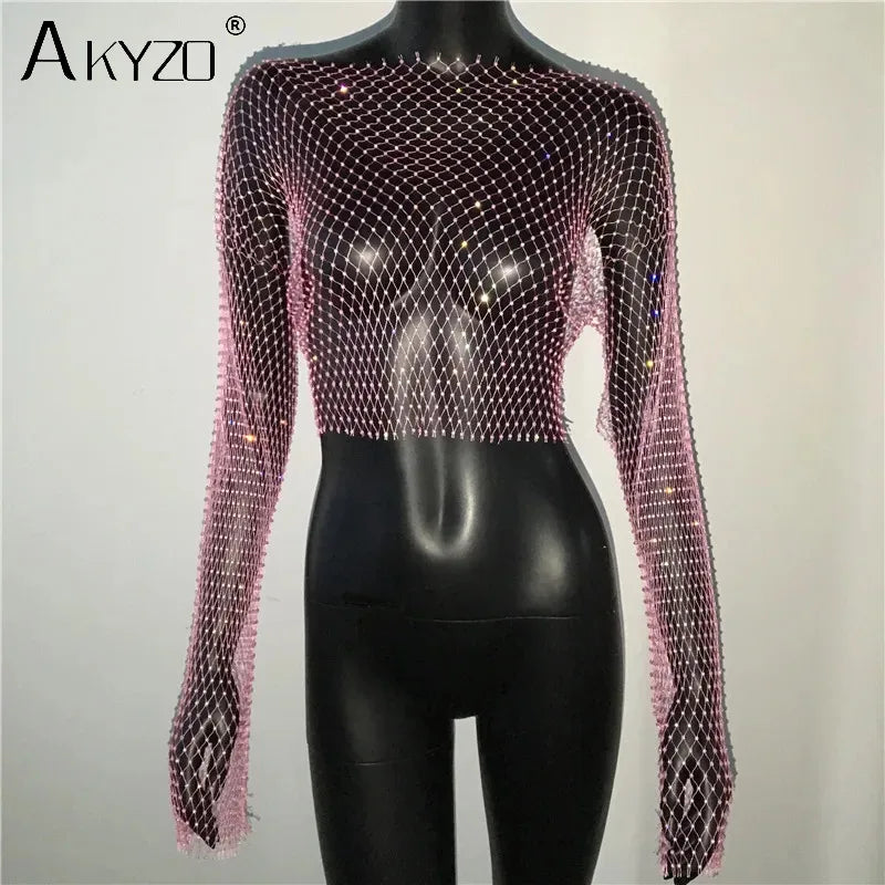Autumn Women Sexy See Through Fishnet T Shirt Glitter Rhinestone Hollow Mesh Long Sleeve Crop Tops Nightclub Party Festival Top