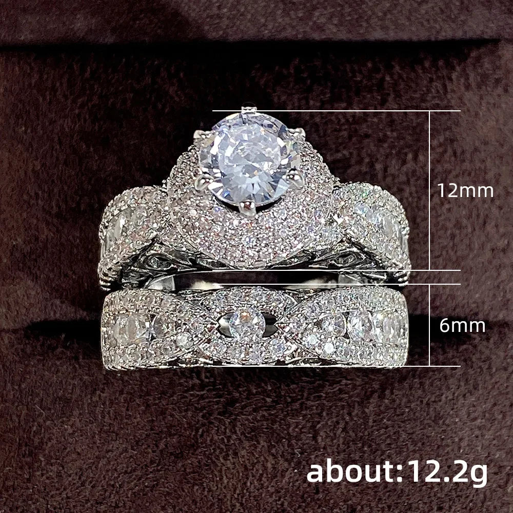 Huitan Set Lady Rings Luxury Wedding Engagement Party Finger Accessories Inlaid Shining Cubic Zirconia Graceful Fashion Jewelry