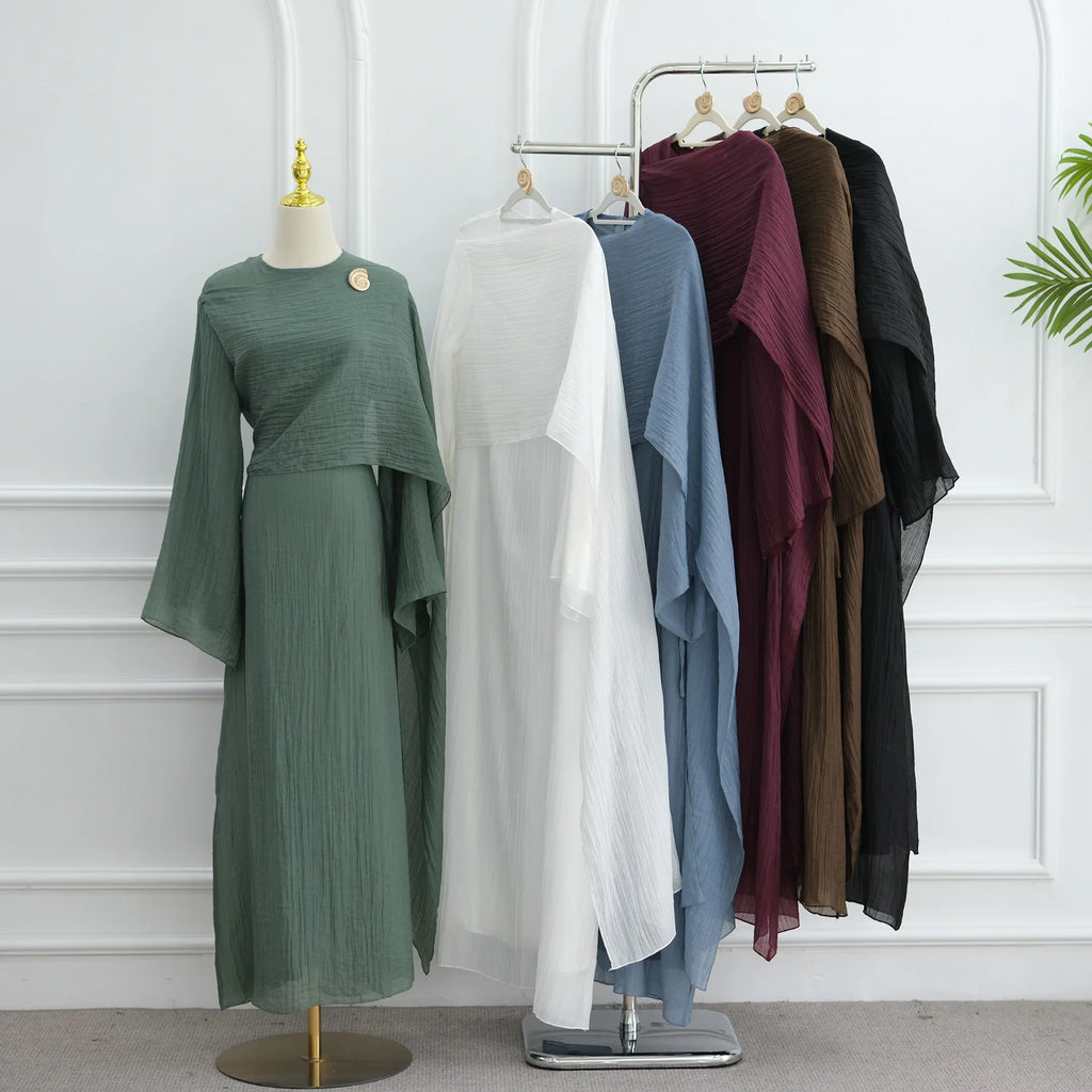 Two Piece Middle East Muslim Cardigan Set for Women Ramadan Eid Dubai Modest Abaya Dress Elegant Islam Solid Turkey Robe Outfit