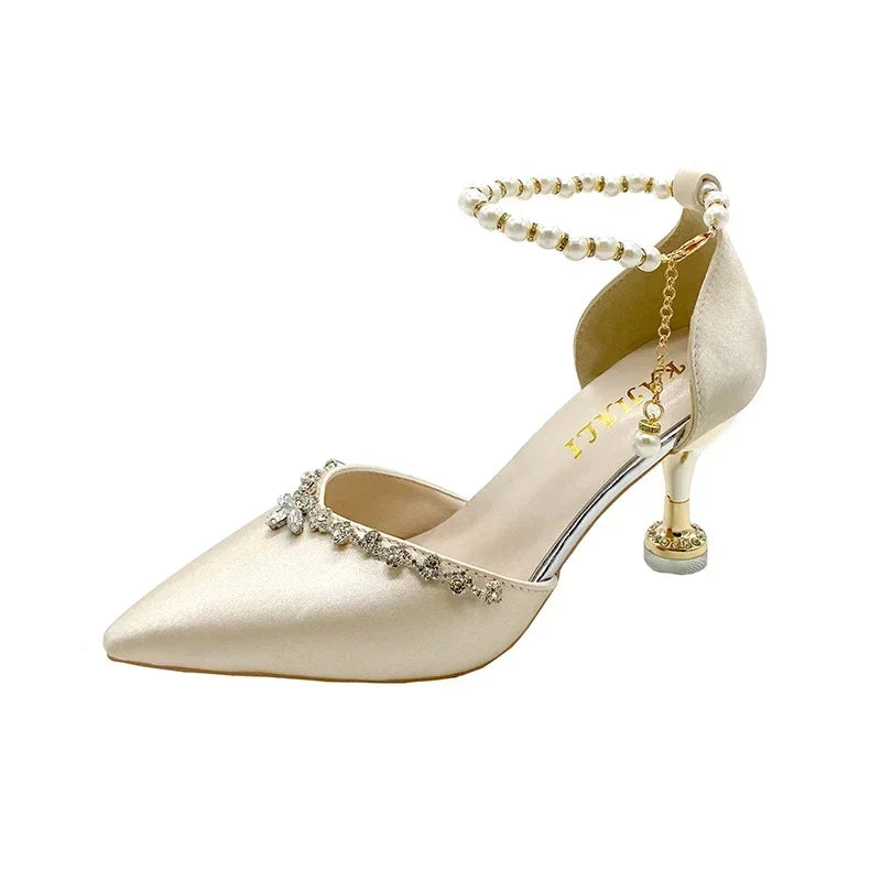 Pointed Toe Baotou Sandals Women's 2025 New Stiletto Hollow Single Shoes Versatile Pearl Strap Women's Shoes