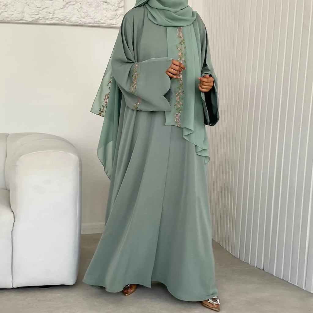 Embroidery Open Abaya and Hijab 2 Piece Set Muslim Dress Abayas for Women Dubai Luxury Islamic Clothing Kaftan Robe Ramadan Eid