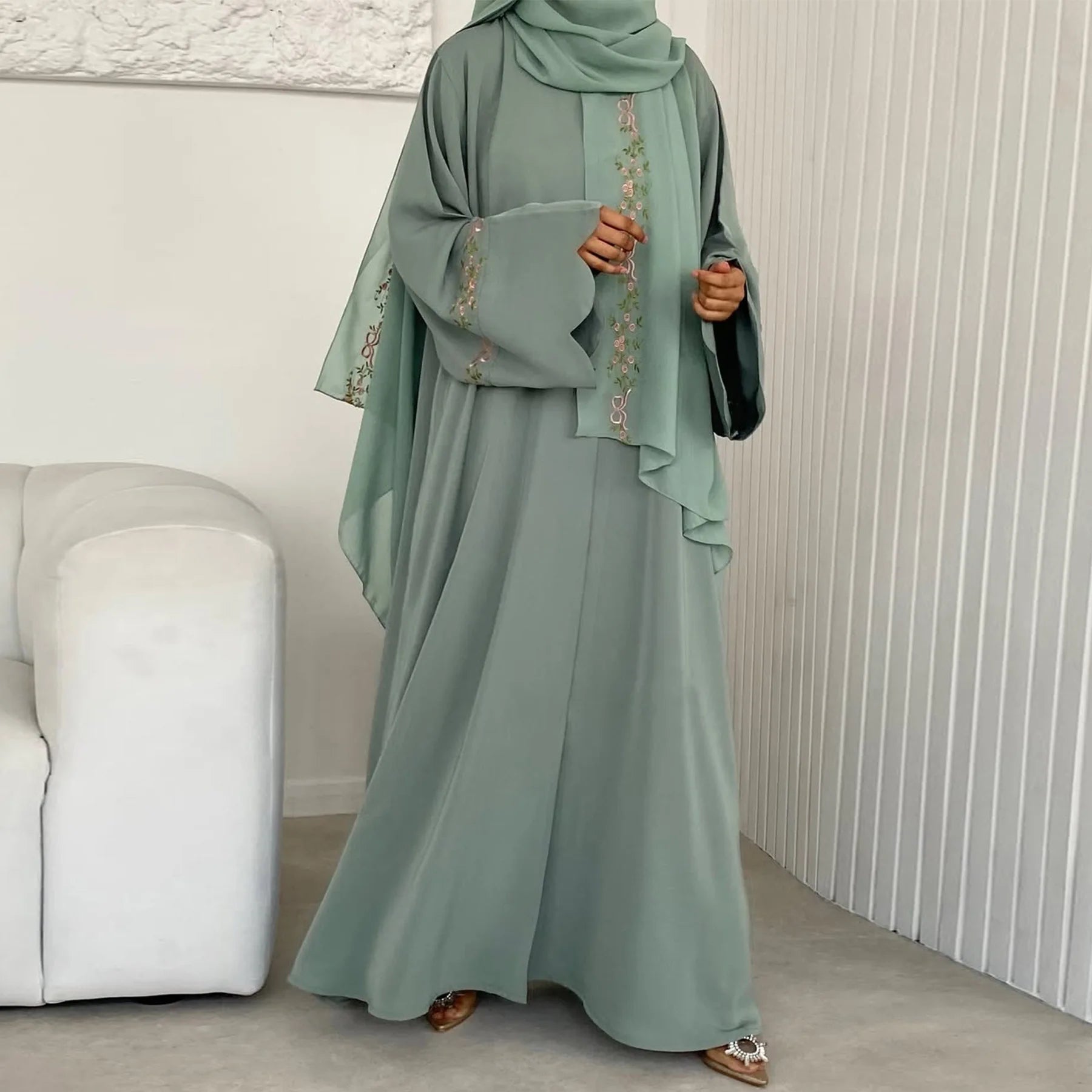 Embroidery Open Abaya and Hijab 2 Piece Set Muslim Dress Abayas for Women Dubai Luxury Islamic Clothing Kaftan Robe Ramadan Eid