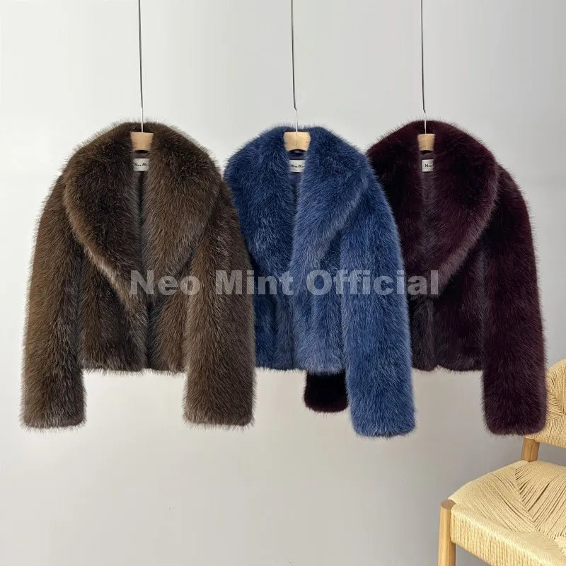 Neo Mint Winter 2025 Trendy Brown Obsession Cropped Shawl Collar Faux Fur Coat Women Jacket Chic Girls Brand Fox Fur Outerwear