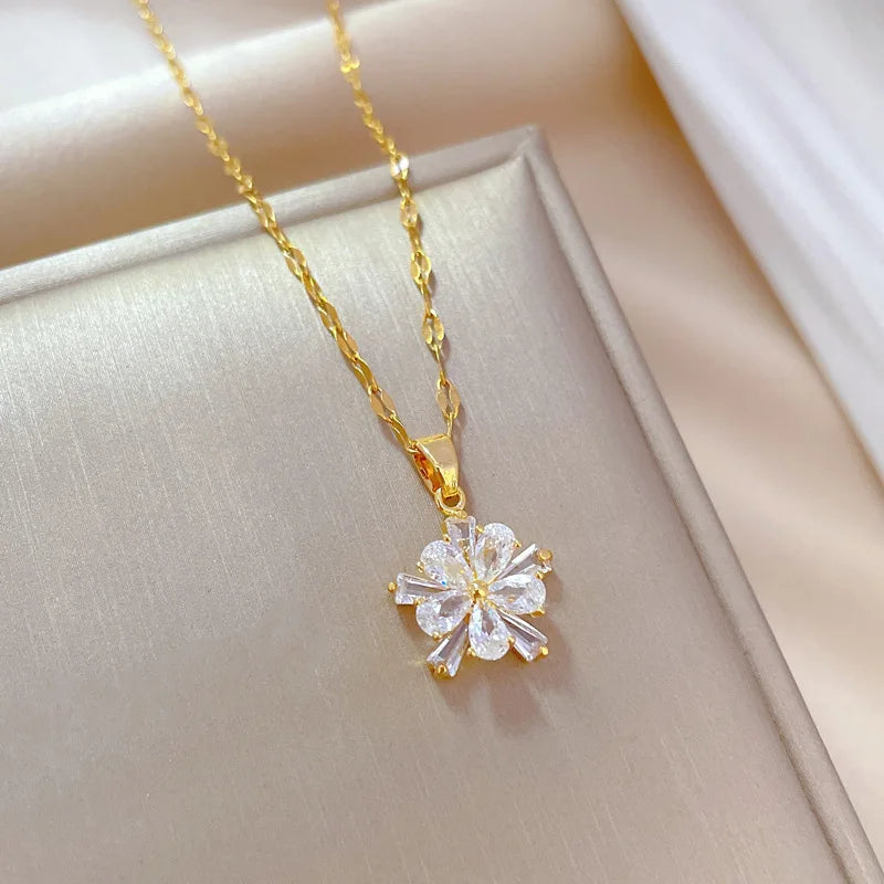 DIEYURO 316L Stainless Steel Lovely White Crystal Flower Charm Necklace Earrings For Women Girl New Trendy Jewelry Set Gift