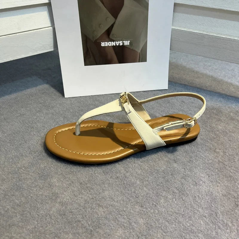 Genuine Leather Retro Clip Toe Roman Sandals Women Summer Fashion Flat Shoes Sexy T-Strap Flip Flops Casual Beach Slippers Women