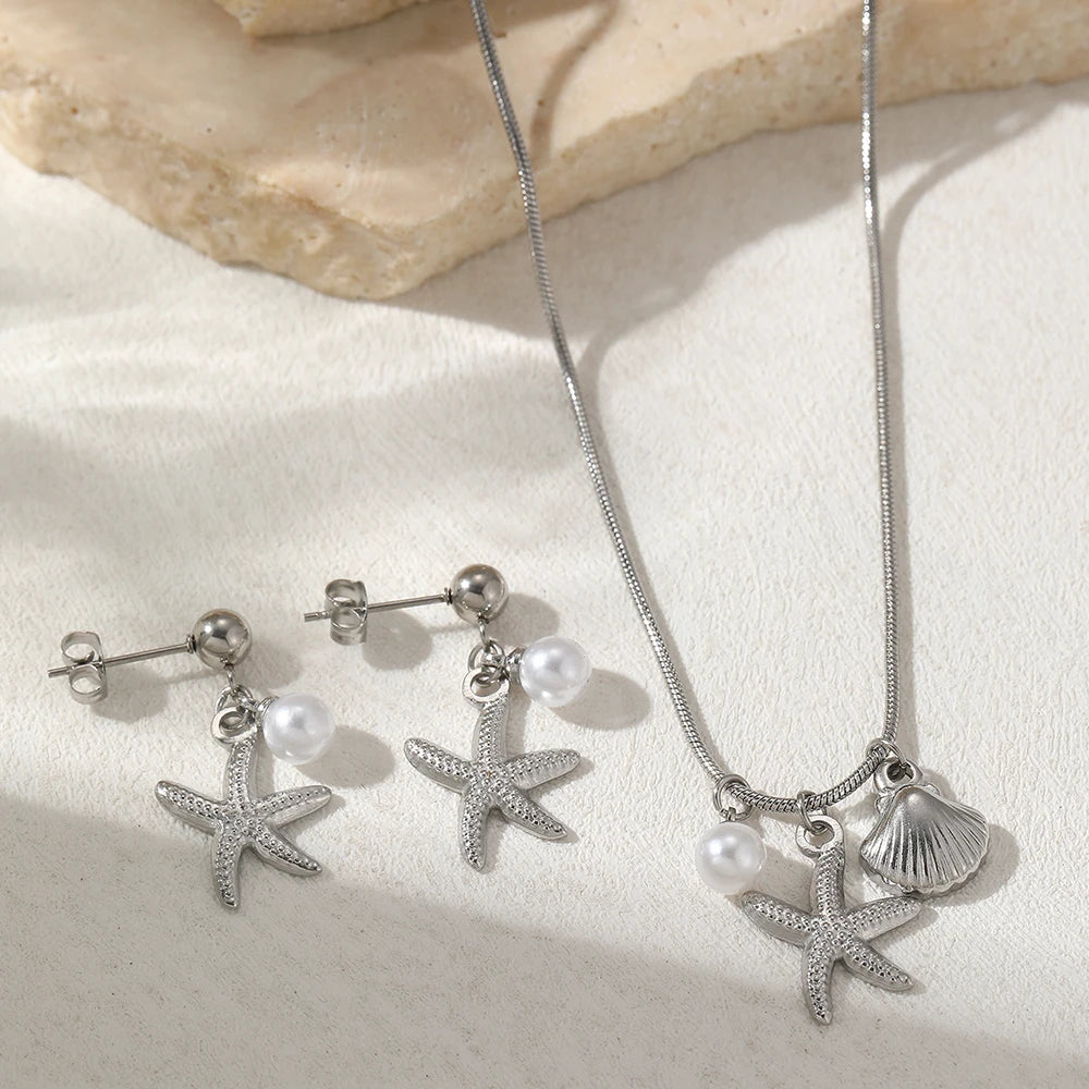 DOTIFI Stainless Steel Starfish Shell Faux Pearl Pendant Necklace Earrings Set Fashion Summer Beach Jewelry For Women Daily Wear