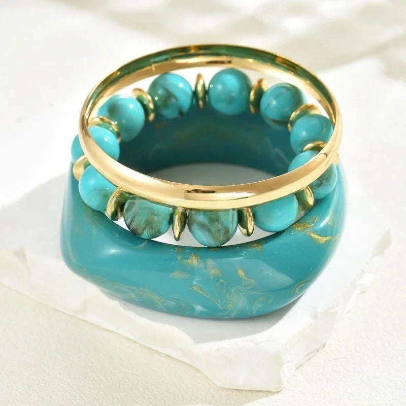 DIEZI One Set Exaggerated Resin Wide Bangles Bracelet Sets Vintage Fashion Beads Strand Bracelet For Women Men Gift Jewelry