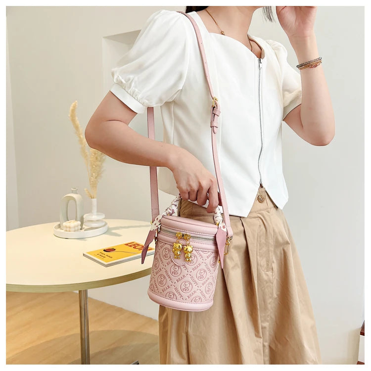 cute bear design crossbody bags for women,mellifluous women's handbag,knurling cylindrical shoulder purse,Girl handbag purse