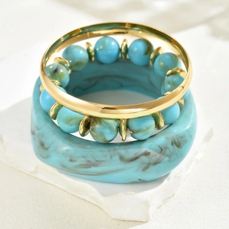 DIEZI One Set Exaggerated Resin Wide Bangles Bracelet Sets Vintage Fashion Beads Strand Bracelet For Women Men Gift Jewelry