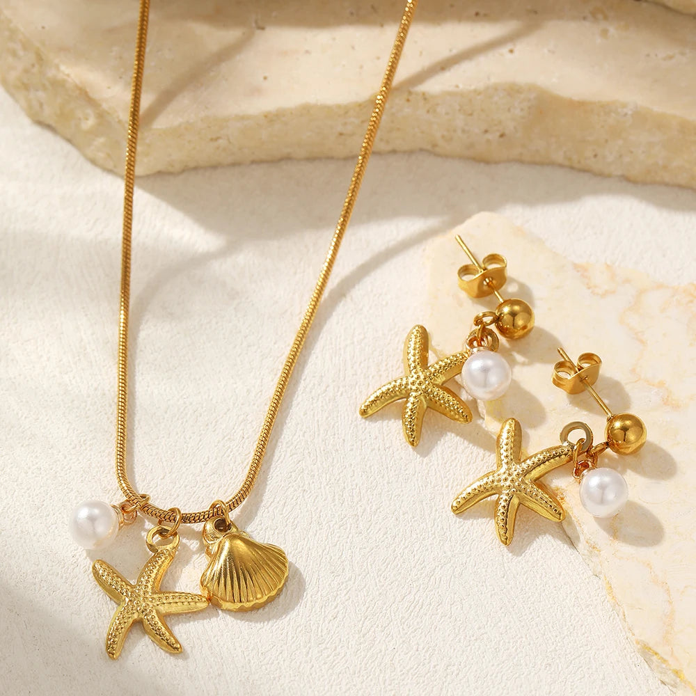 DOTIFI Stainless Steel Starfish Shell Faux Pearl Pendant Necklace Earrings Set Fashion Summer Beach Jewelry For Women Daily Wear
