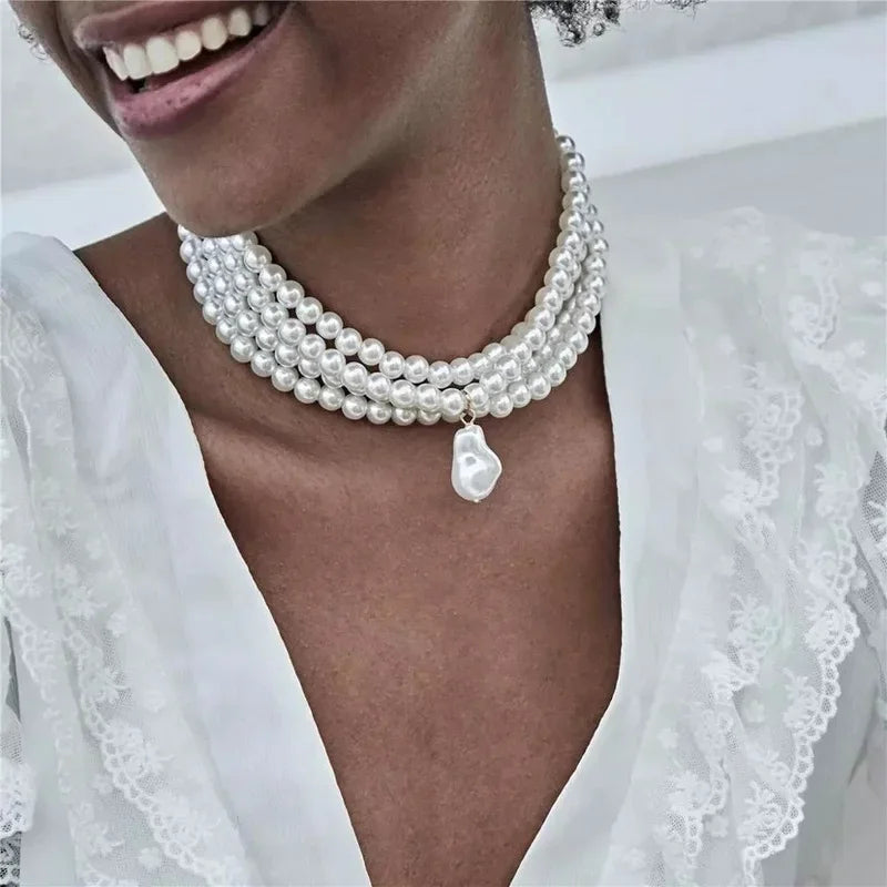 Multi Layer Pearl Necklace Fashionable Four Layer Collarbone Chain Collar Exaggerated Personality Necklace Choker Accessory