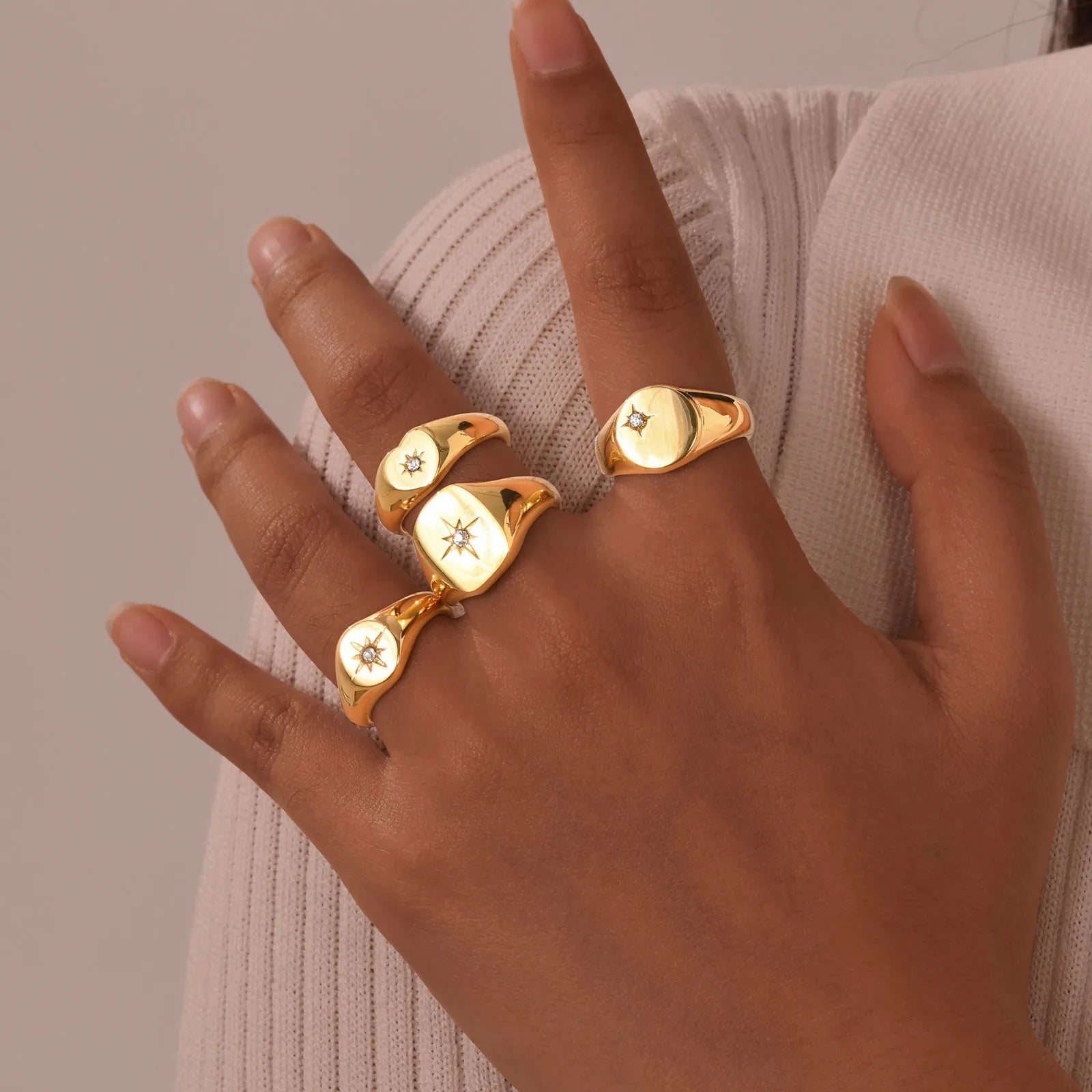 Stainless Steel Sunshine Signet Pinky Ring, Cubic Zirconia Inlay Ring Gold Plated, Non-Tarnish Fashion Jewelry