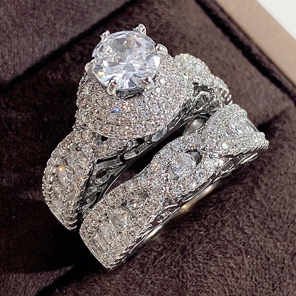 Huitan Set Lady Rings Luxury Wedding Engagement Party Finger Accessories Inlaid Shining Cubic Zirconia Graceful Fashion Jewelry