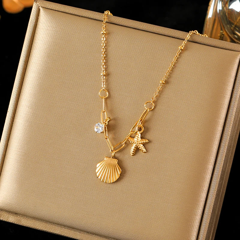 EILIECK 316L Stainless Steel Gold Color Shell Starfish Zircon Pendant Necklace For Women Fashion New Gift Neck Chain Jewelry