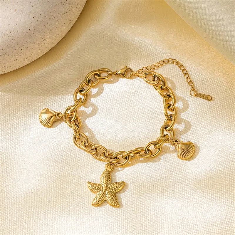 EILIECK 316L Stainless Steel Gold Color Starfish Moon Star Charm Bracelet For Women New Trendy Wrist Chain Jewelry Gift Party