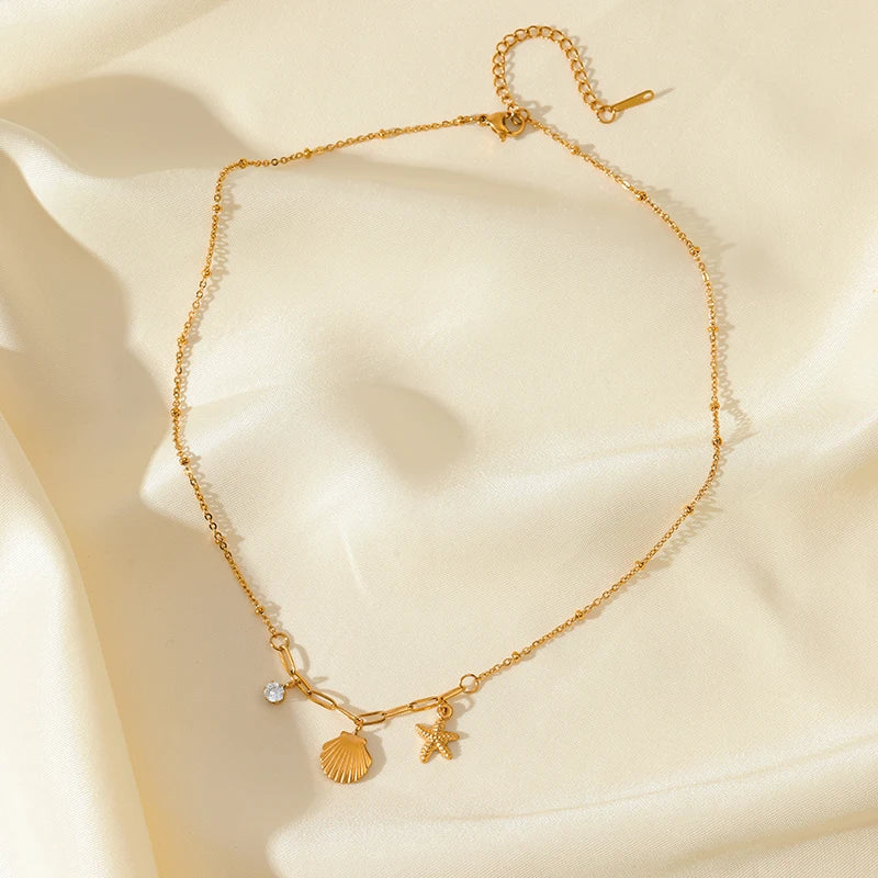 EILIECK 316L Stainless Steel Gold Color Shell Starfish Zircon Pendant Necklace For Women Fashion New Gift Neck Chain Jewelry
