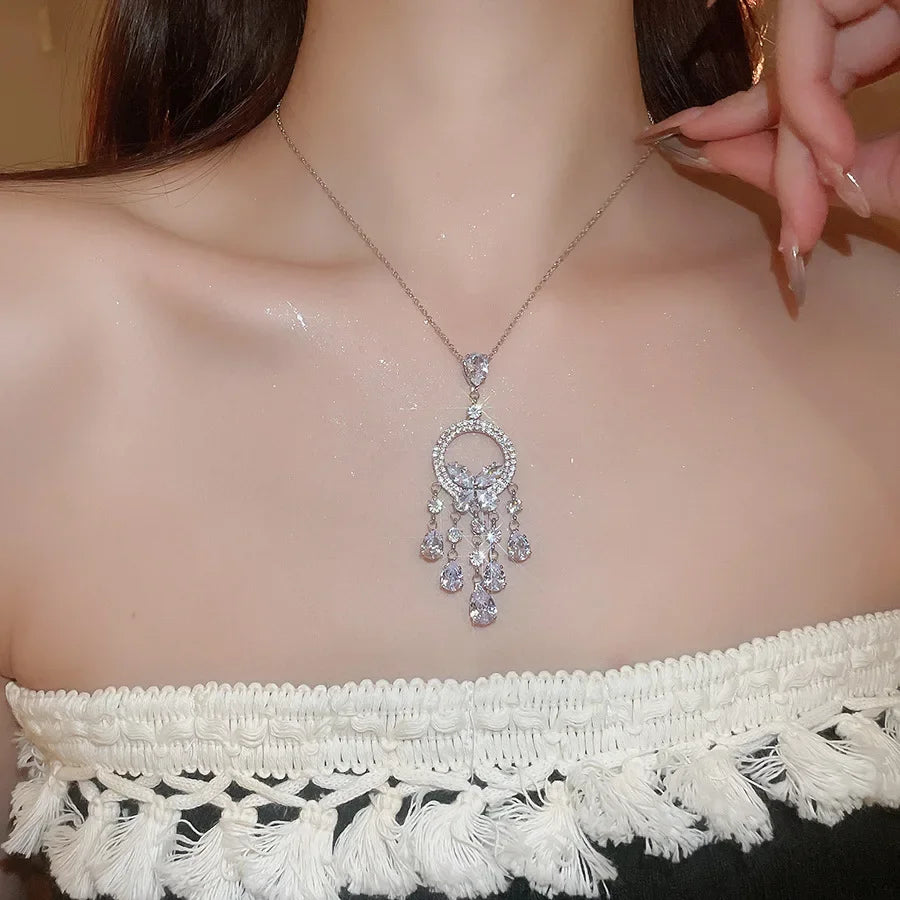 Inlaid Rhinestone Zircon Round Butterfly Jewelry Sets for Women 2025 Fashion Light Luxury High-end Wedding Earring Necklace Set