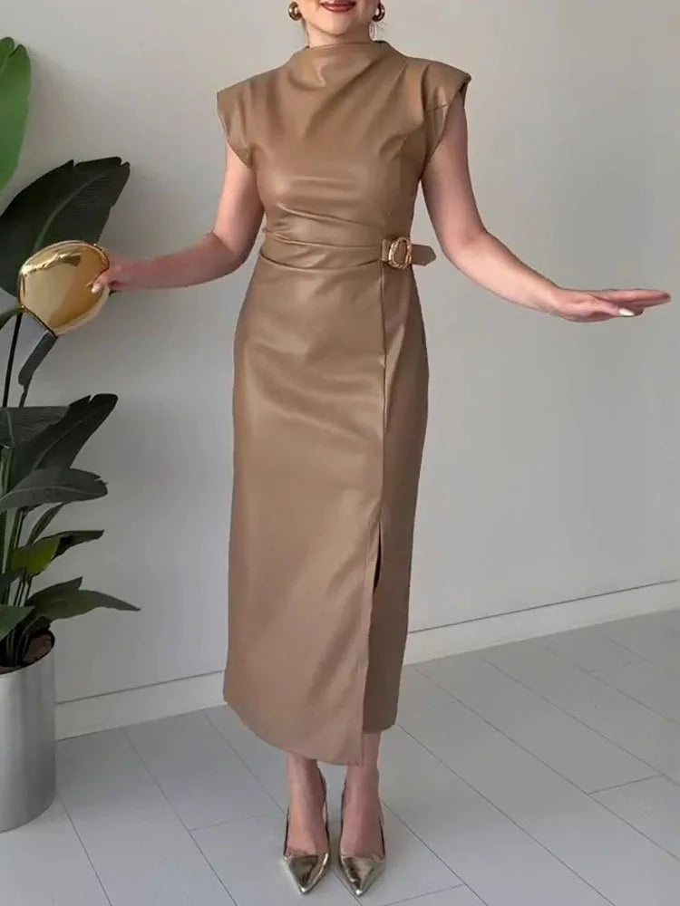 Autumn High Waist Slim Fit Solid A-line Dress Vintage Office Straight Long Dress Fashion Women's O-neck Sleeveless Leather Dress