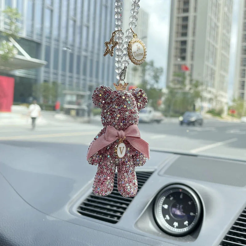 Cartoon Bear Bow Crystal Diamond Car Pendant Mirror Hanging Ornaments Bling Auto Interior Decoration for Men Women