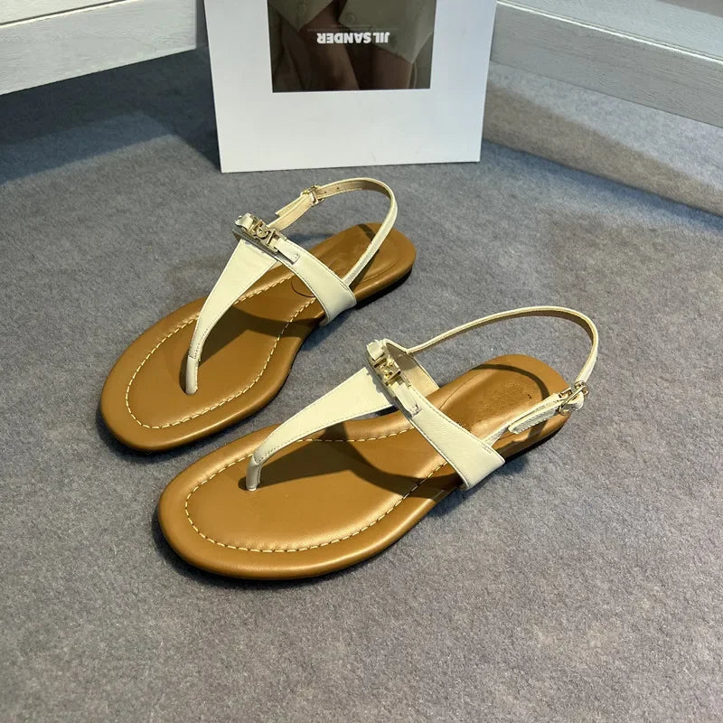 Genuine Leather Retro Clip Toe Roman Sandals Women Summer Fashion Flat Shoes Sexy T-Strap Flip Flops Casual Beach Slippers Women