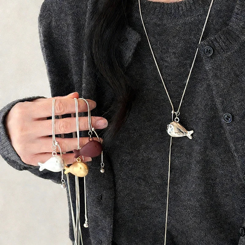 Korean Fashion Simple Silver Small Fish Pendant Necklace Female Adjustable Pull  Long Sweater Chain Charm Jewerly Holiday Gift