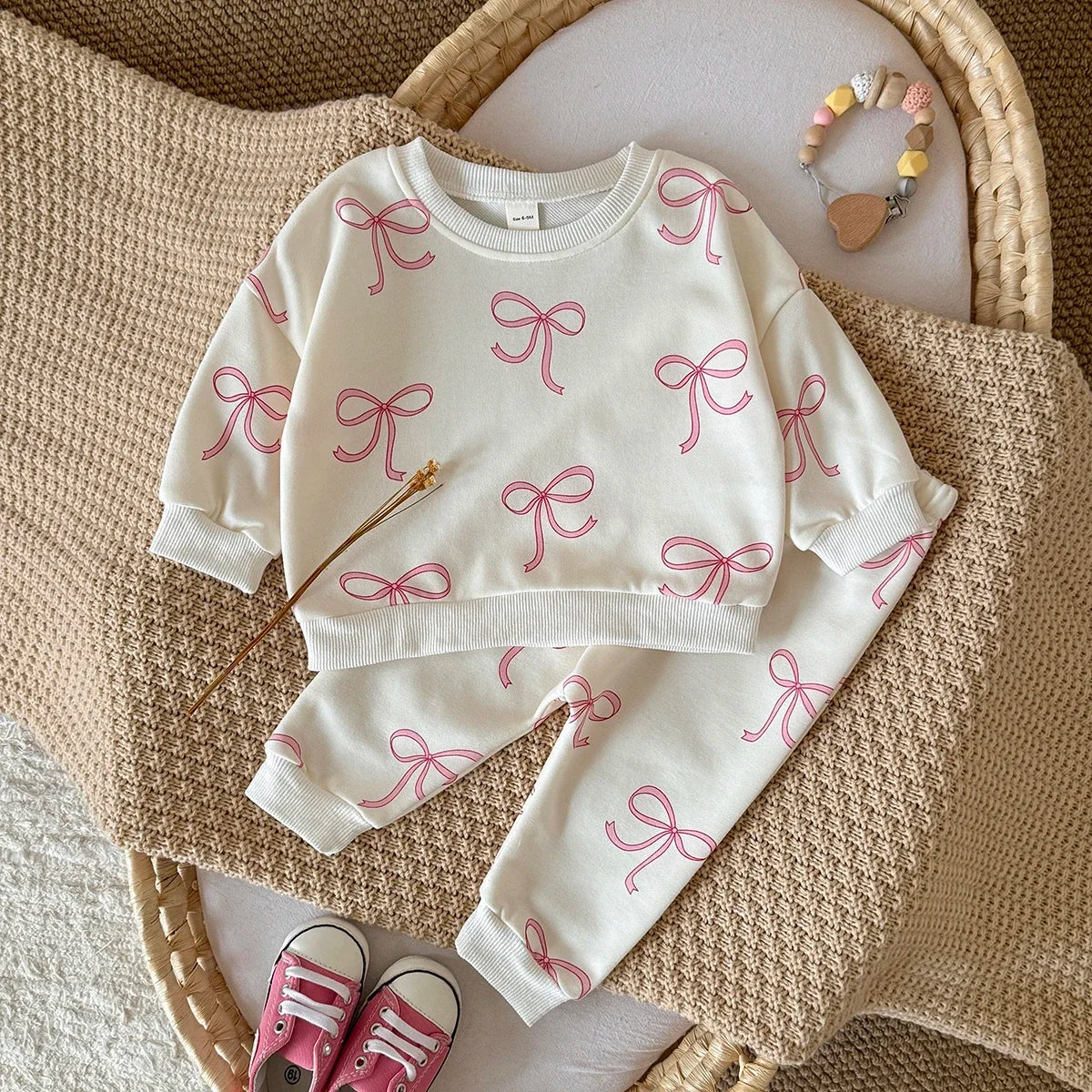 2PCS Spring Autumn New Comfortable Sweet Cute Bow Print Long Sleeves O-neck Pullover+Pant Baby Clothes for Newborn