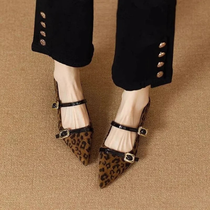 2025 Fall New French Pointed-Toe Leopard Print Mary Janes - Elegant Stylish Commuter Flat Shoes with Single Buckle